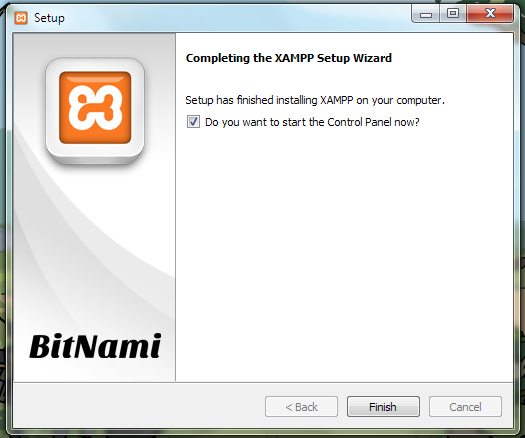 A picture of the completion screen for XAMPP with the option ticked to start the control panel on finishing