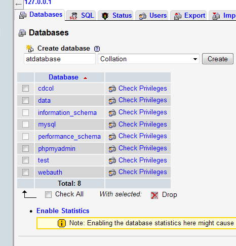 An image of the database creation screen. atdatabase is entered in the Create Database field and Collation is selected